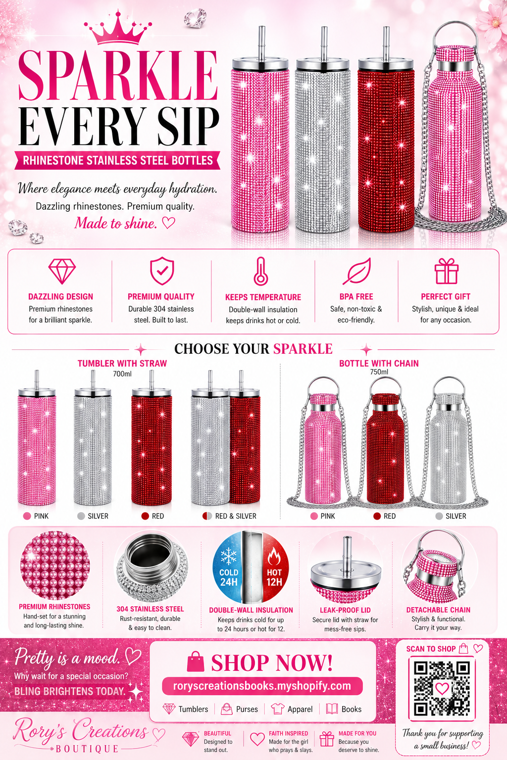 Rhinestone Stainless Steel Tumbler with Straw